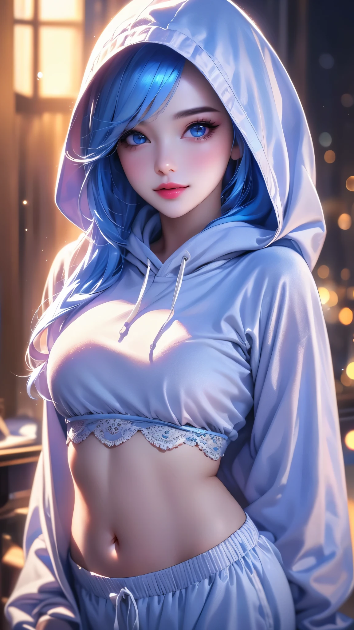 a girl with beautiful detailed eyes, beautiful detailed lips, extremely detailed face, long eyelashes, white hoodie, white sweatpants, red top, belly, makeup, loving look, flirty smile, long silky blue hair, best quality, 4k, 8k, highres, masterpiece:1.2, ultra-detailed, realistic, photorealistic:1.37, HDR, UHD, studio lighting, ultra-fine painting, sharp focus, physically-based rendering, extreme detail description, professional, vivid colors, bokeh, portraits