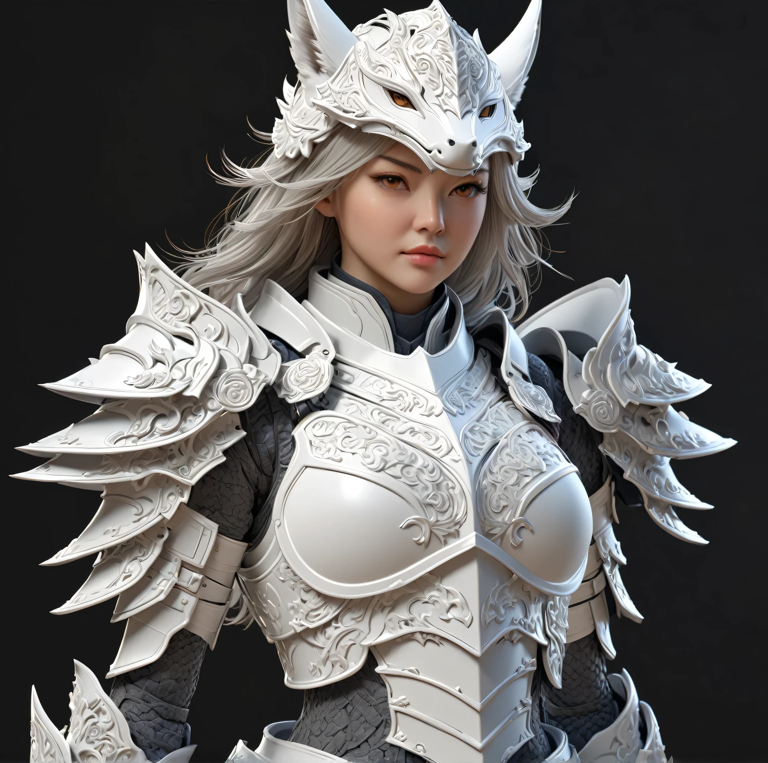 a close up of a model of a female character with a helmet, high detail and very sharp, strong ambient occlusion, detailed armor, detailed fantasy armor, high poly, highly detailed armor, kitsune inspired armor, hyperdetailed fantasy character, detailed white armor, armour merging with body, render of heavy fantasy armor, intricate armor details