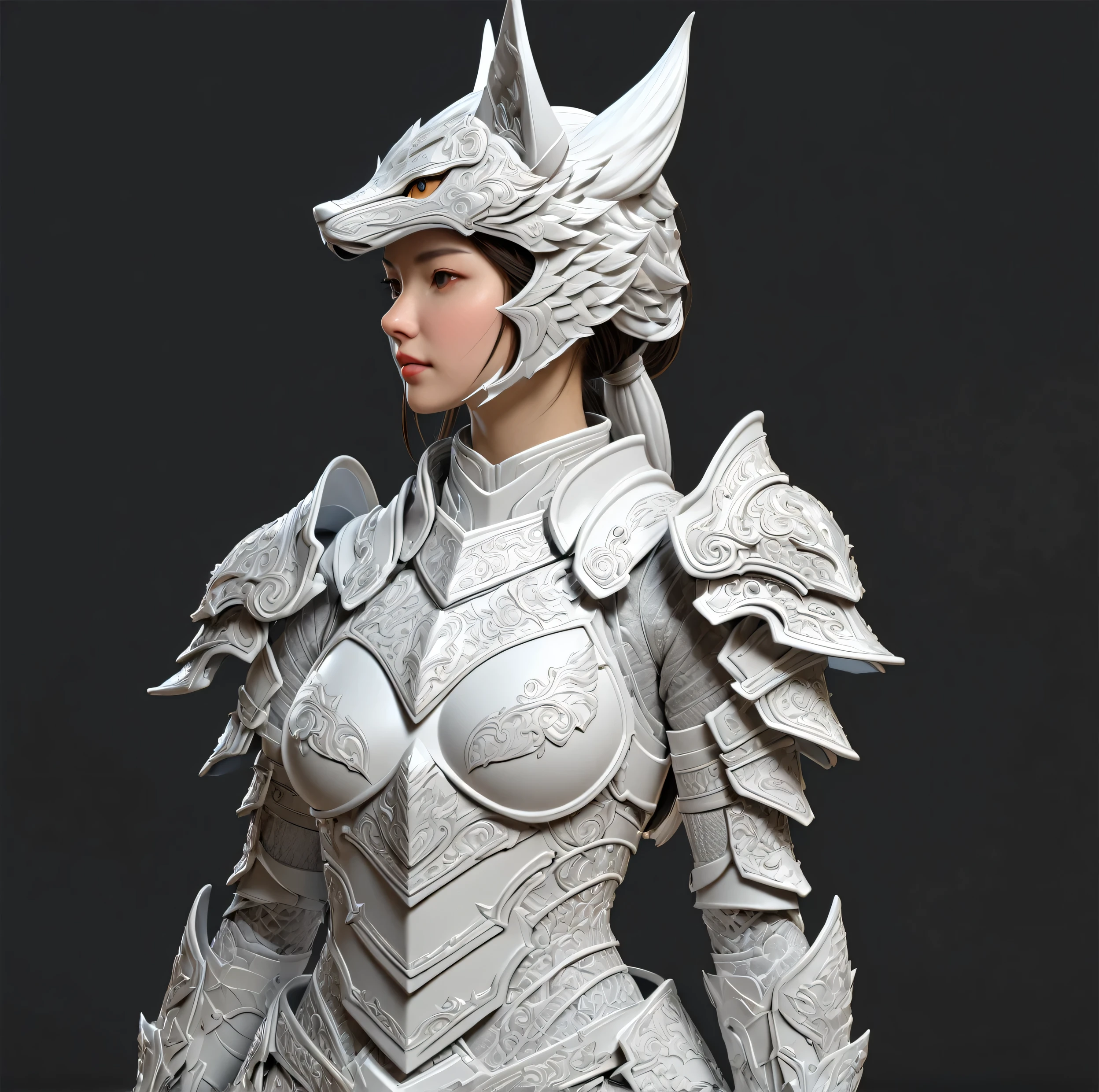 a close up of a model of a female character with a helmet, high detail and very sharp, strong ambient occlusion, detailed armor, detailed fantasy armor, high poly, highly detailed armor, kitsune inspired armor, hyperdetailed fantasy character, detailed white armor, armour merging with body, render of heavy fantasy armor, intricate armor details