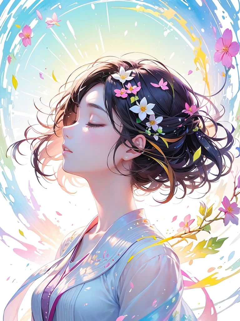 (masterpiece、Highest quality、Highest quality、Beautiful and beautiful:1.2)、Excellent anatomy、(Watercolor painting 1.5)、Long Shot、straight short hair images、Trendy Hair Color, Beautiful Face、Beautiful profile, Looking up to the sky, I close my eyes and pray, Fairy, 蝶のFairyのコスチューム、Pure white、Pure、charm, Colorful flowers of different colors, Flower and leaf wind、Botanical Art,