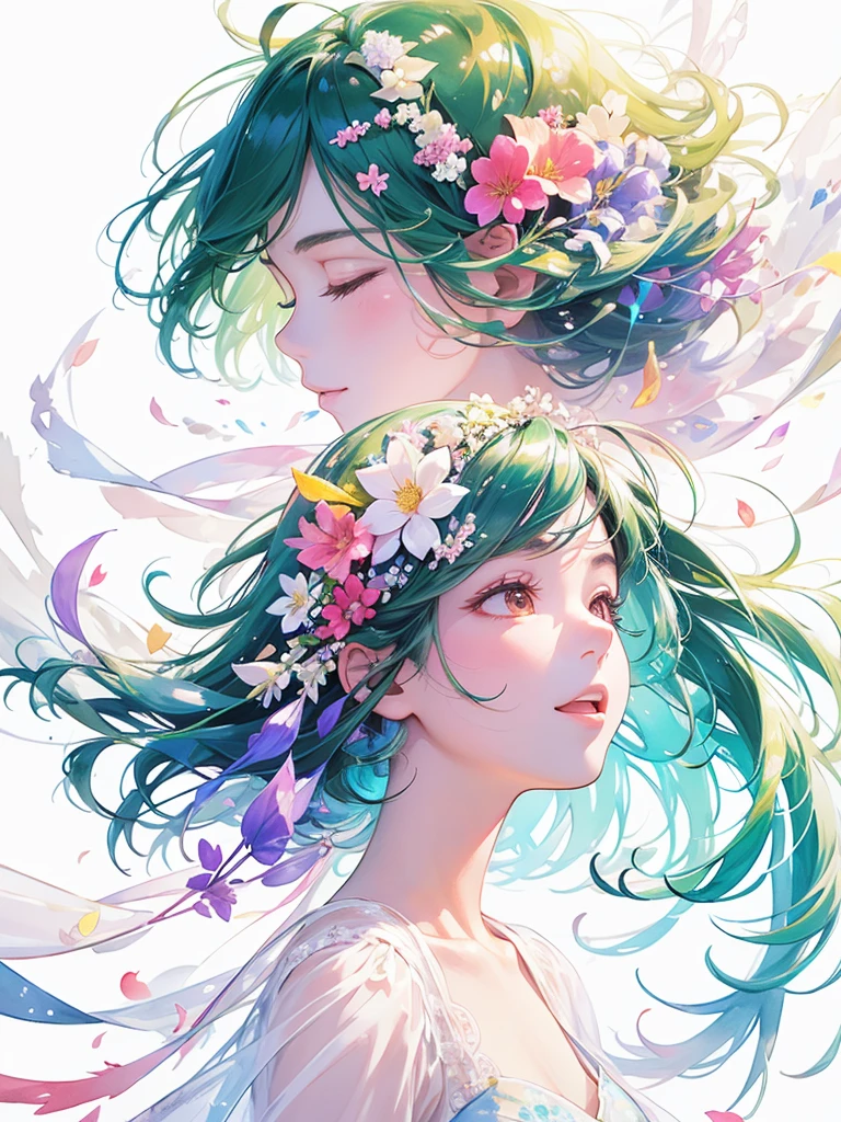 (masterpiece、Highest quality、Highest quality、Beautiful and beautiful:1.2)、Excellent anatomy、(Watercolor painting 1.5)、Long Shot、straight short hair images、Trendy Hair Color, Beautiful Face、Beautiful profile, Looking up to the sky, I close my eyes and pray, Fairy, 蝶のFairyのコスチューム、Pure white、Pure、charm, Colorful flowers of different colors, Flower and leaf wind、Botanical Art,