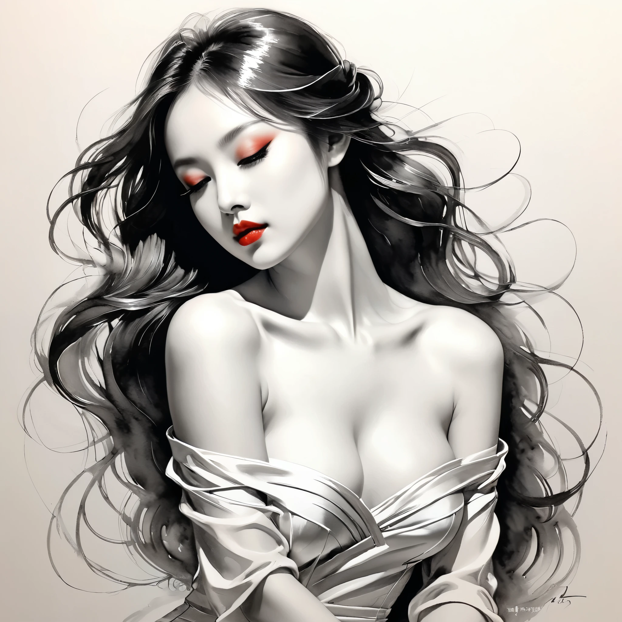 elegant maiden，black andwhite水墨画，pen sketch drawing，loose brushwork，Pen outlines delicate lines，Fluid action，Subtle shades of paint，elegant posture，A peaceful expression，Delicate facial features，black andwhite，to clean, little red.