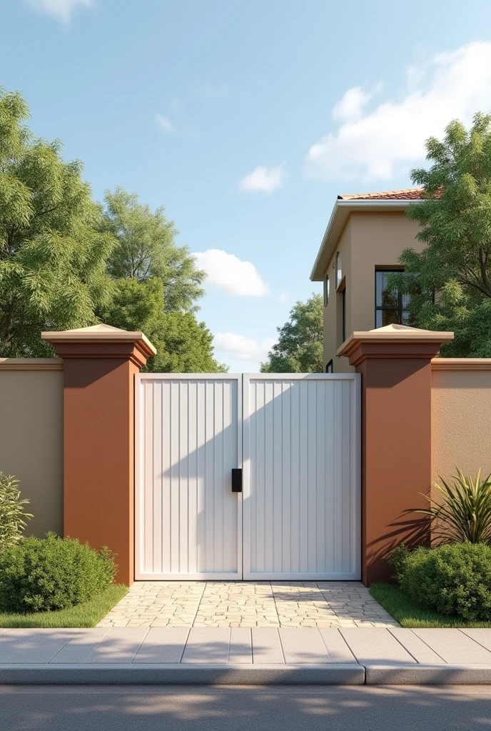 I have a 40-meter linear wall with a metal social gate painted white. (gate all closed, no air passage) and side columns with closure at the top painted in varnished monkey brown, I need examples of designers for the wall, It has a thick roughcast texture painted in sand color, Give me photos of how I can improve the wall to make it more beautiful.