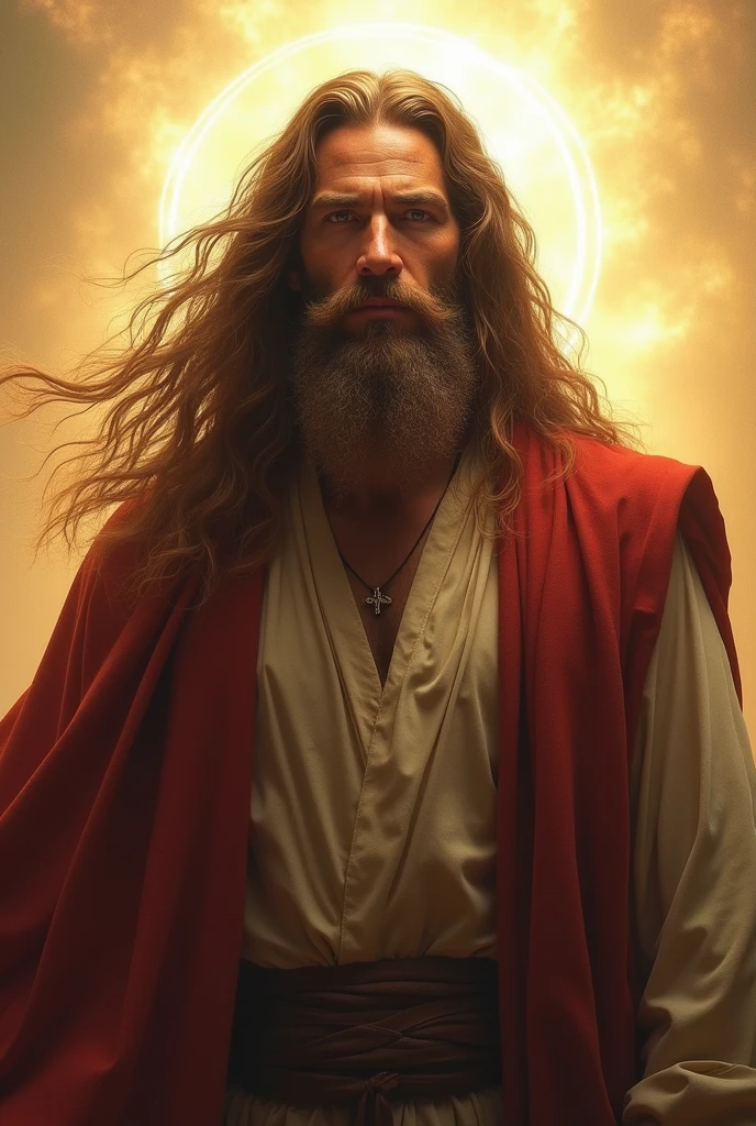 Create a man with huge brown hair and a beard like the messiah