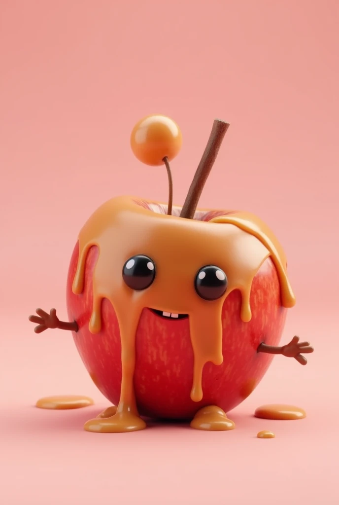 Red apple covered in caramel that looks like it's dripping, with a stick on the head, that has feet, hands and a tender face and a light pink background