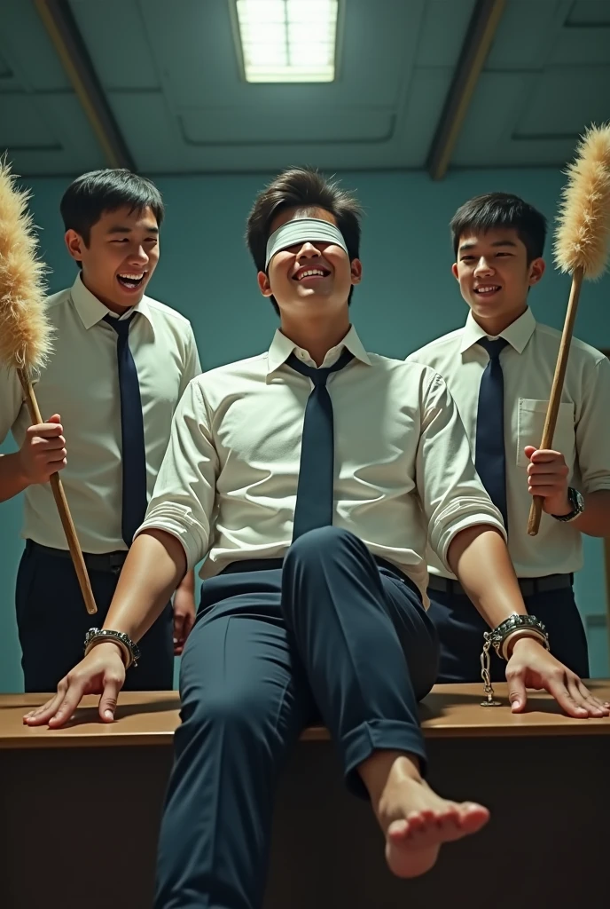Malaysia malay handsome 19 years student
He laugh very hard
His hand handcuff in abondon warehouse
Blindfolded
handcuff
Formal Work Outfit
feet on desk
feather duster on desk
Take off shoes on desk
Black sock
2 man holding feather duster
1 of his feet being sockless and oil