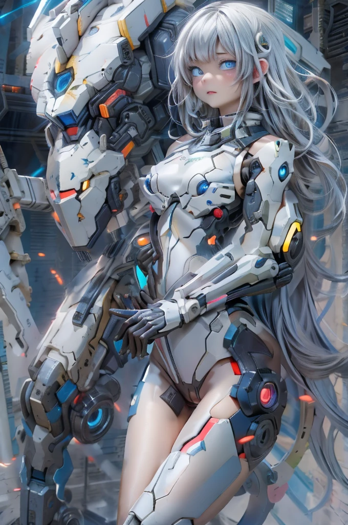 Masterpiece, best quality, colorful, cowboy shooting, (Pale skin:1.2), Flat chest, Mecha, armor, girl, Cyberpunk armorตามร่างกาย, Black Bodysuit, high resolution, black hair, my hair is very long., pussy, barepussy, Thick chest, bareหน้าอก, alone, blue eyes, white coat, The waist extension is made of soft fabric.., bare, Blue Energy, destroy, Quantum energy, Magical light, fight