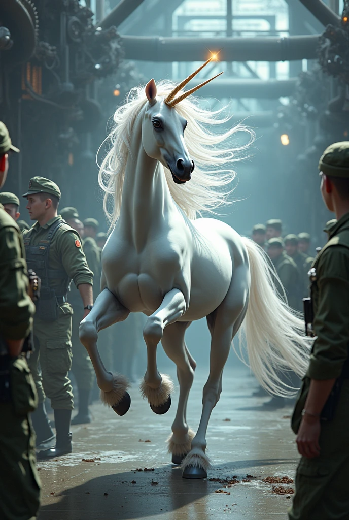 A female unicorn, who dances happily with a beautiful smile in the middle of military mechanics. realistic.