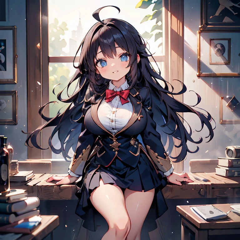Anime Waifu beautiful detailed eyes, beautiful detailed lips, extremely detailed eyes and face, longeyelashes, 1girl, sensual, young woman, medium breasts, beautiful feminine face, nice thighs, slim, sexy, erotic, beautiful clothes, perfect body, cinematic lighting and framing, (best quality,4k,8k,highres,masterpiece:1.2),ultra-detailed,digital painting,portrait,glamorous,highly detailed,soft lighting,warm color tones One Girl、Big Breasts、Black Hair、Long Hair、Straight Hair、Ahoge、high school student、smile、Dark blue eyes、Blazer 