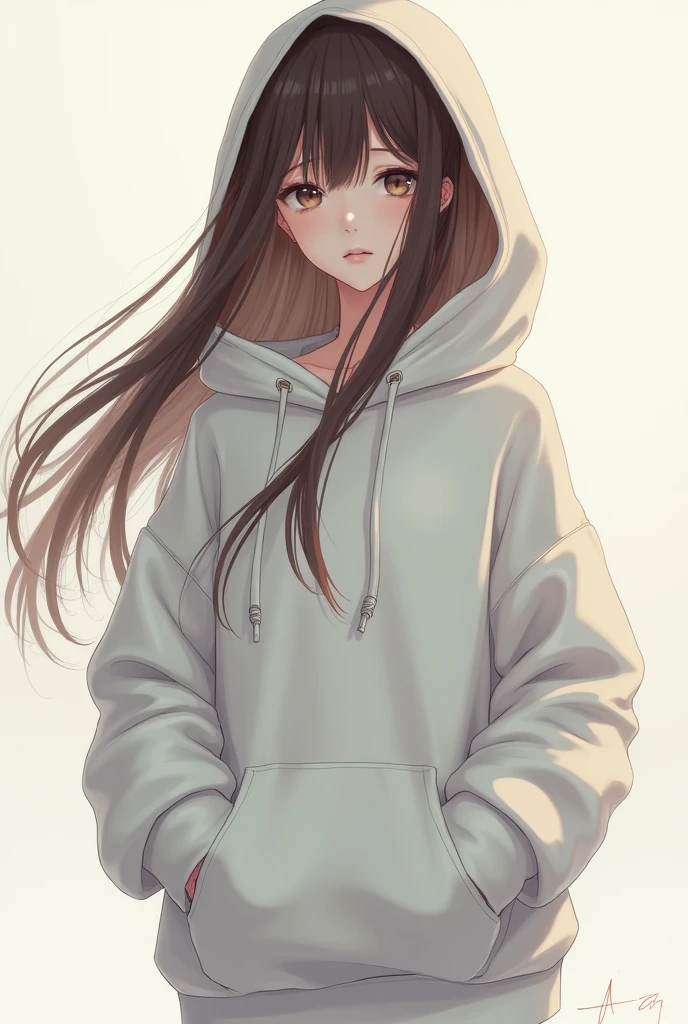 anime girl with white oversized hoodie and long straight hair very dark brown