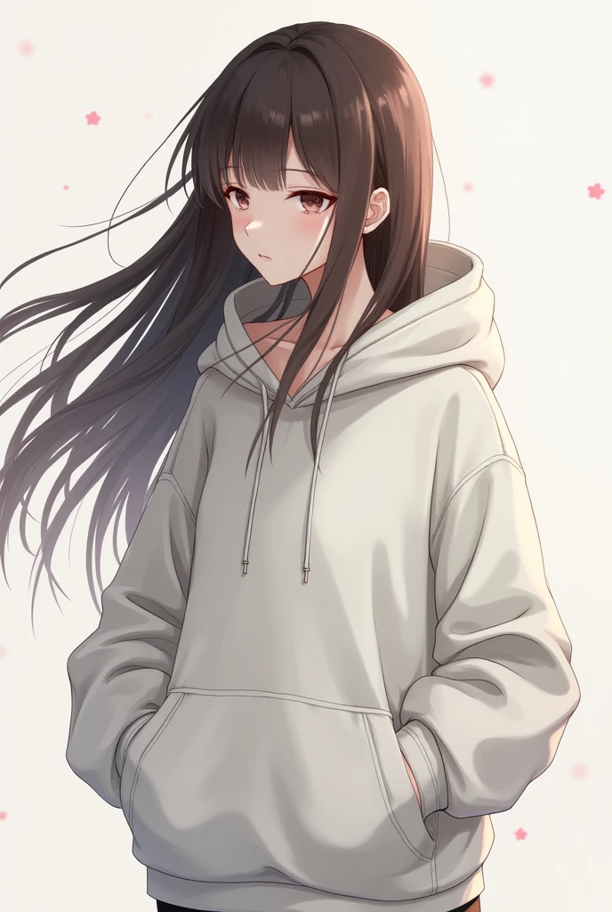 anime girl with white oversized hoodie and long straight hair very dark brown
