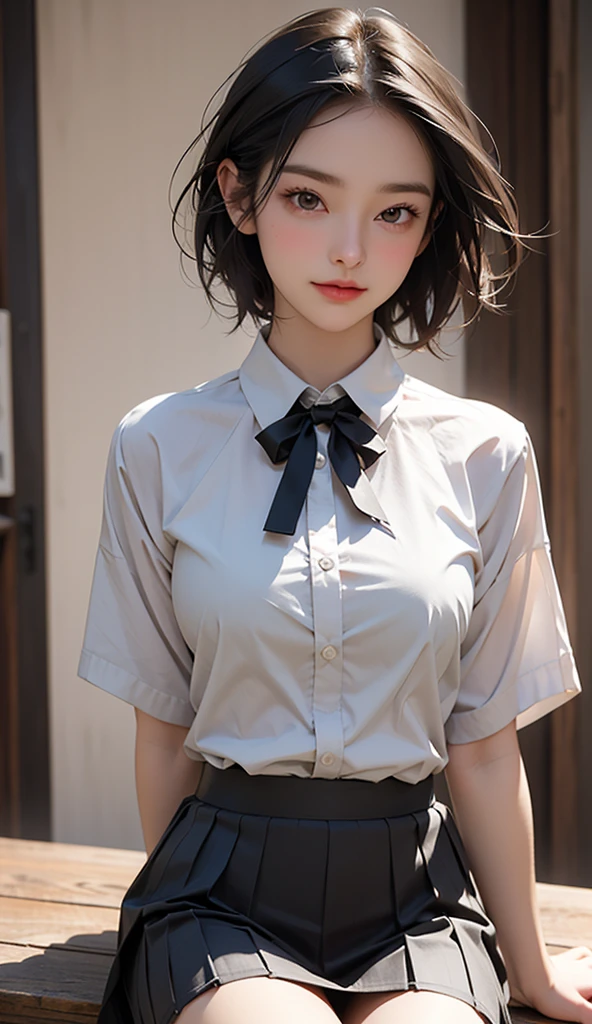Delicate facial features, detailed portrayal, realistic, high quality, high resolution, interior, messy room, pleated skirt, sitting, black knee-length stockings, looking at me, first perspective