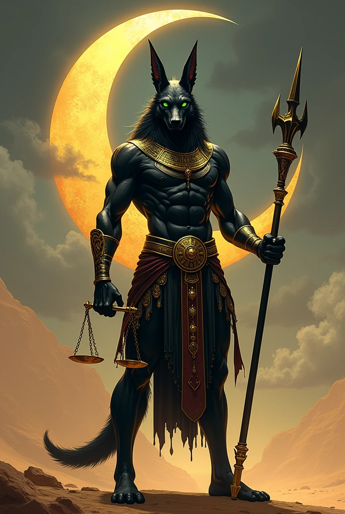Anubis, formidable and warlike, black in gold with green, with scales in left hand, with a staff in his right hand, against the backdrop of a crescent moon in the desert