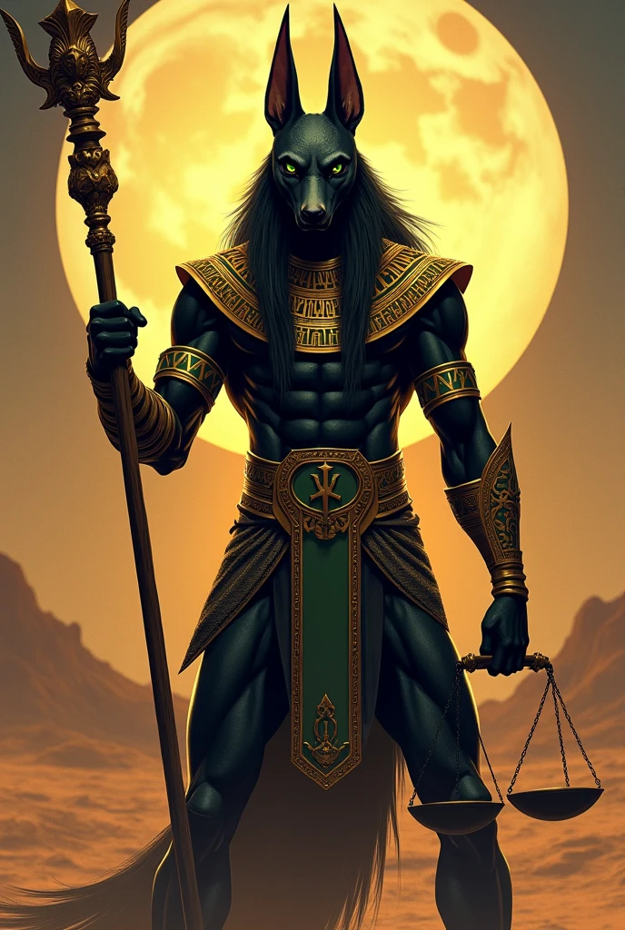 Anubis, formidable and warlike, black in gold with green, with scales in left hand, with a staff in his right hand, against the backdrop of a crescent moon in the desert