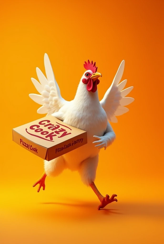 chicken running away with a pizza box named crazy cook with orange background
