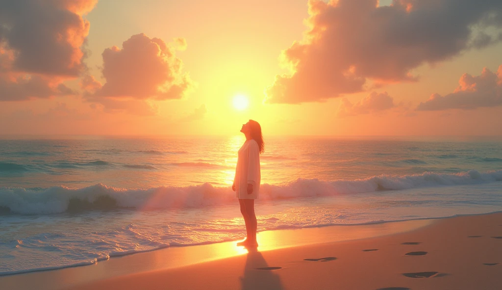 (best quality, masterpiece, ultra detailed), Beach at dawn: The protagonist stands on the beach、A scene where the light of dawn shines on the sea。The protagonist sings as if shouting to the sea.、In the end, you will be enveloped in that light。The camera captures the protagonist's emotional rise and release.。