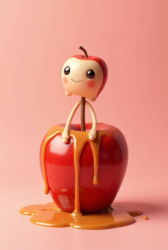 Red apple covered in caramel that looks like it's dripping, with a stick on the head, that has feet, hands and a tender face and a light pink background