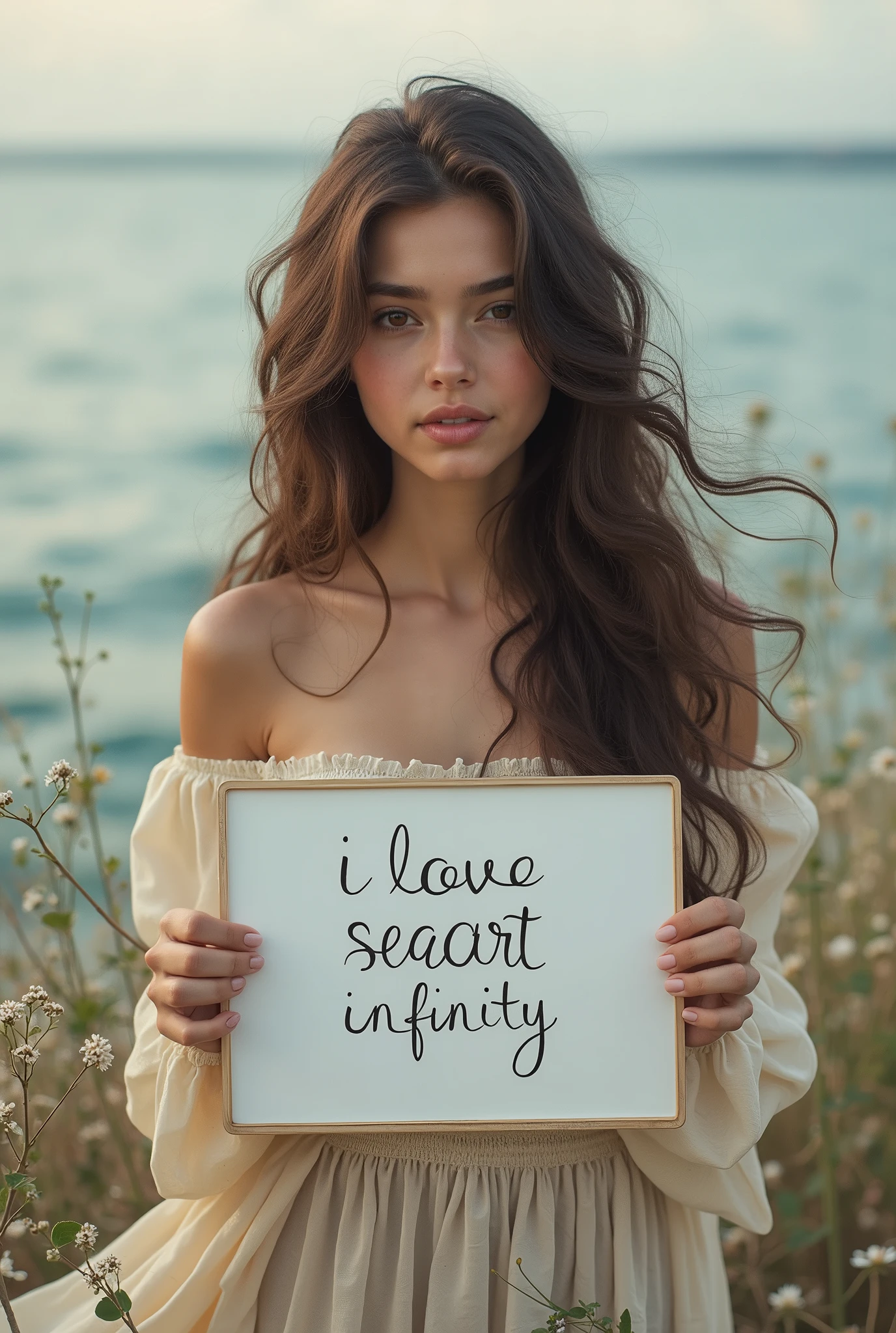 Beautiful girl with wavy long hair, bohemian dress, holding a white board with text "I Love Seaart Infinity" and showing it to the viewer