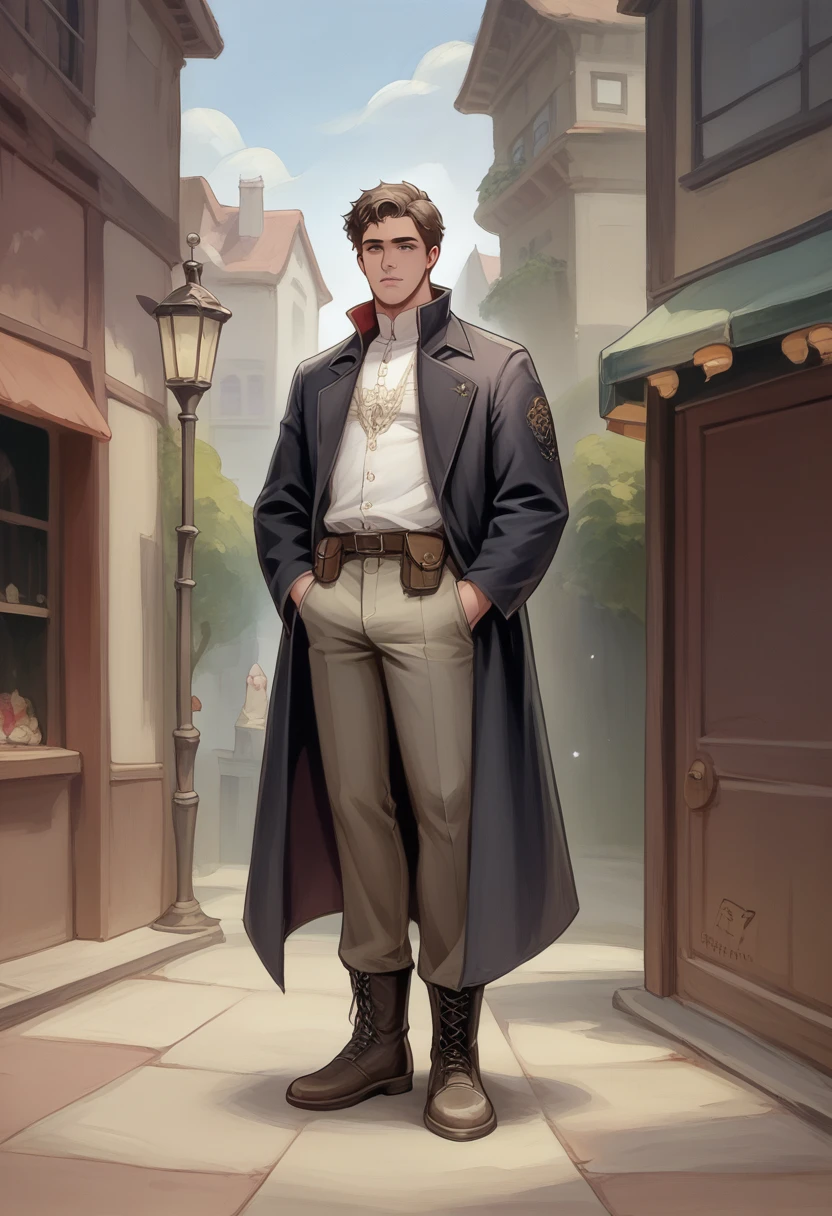 "Create an image of a male character for a visual novel, standing and looking directly at the camera. He has slicked-back, dark brown hair with a few silver strands, and a clean-shaven face. He wears a long, dark coat with a high collar and subtle silver embroidery, giving him an air of authority and mystery. Underneath, he has a tailored vest and a crisp white shirt, along with well-fitted trousers tucked into polished boots. His hands are bare, resting casually by his sides, with one hand near a small, concealed pouch on his belt. His expression is calm and composed, with a hint of sharpness in his eyes that suggests he misses nothing. The background should be a shadowy street corner with a mix of gothic and futuristic architecture, bathed in the soft glow of dim lanterns."