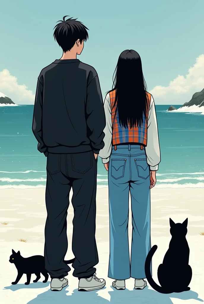 A grown man, high, with black hair in the style of a kpop idol, korean traits, White skin; dressed in wide black jeans, a black sweatshirt and white sneakers. Una mujer adulta con korean traits, with long black hair in the style of a kpop idol, skin very white, dressed in blue plaid jeans and a blue and orange striped vest. Both standing next to each other, without touching each other and looking at the beach in winter, next to two black cats. in manhwa style