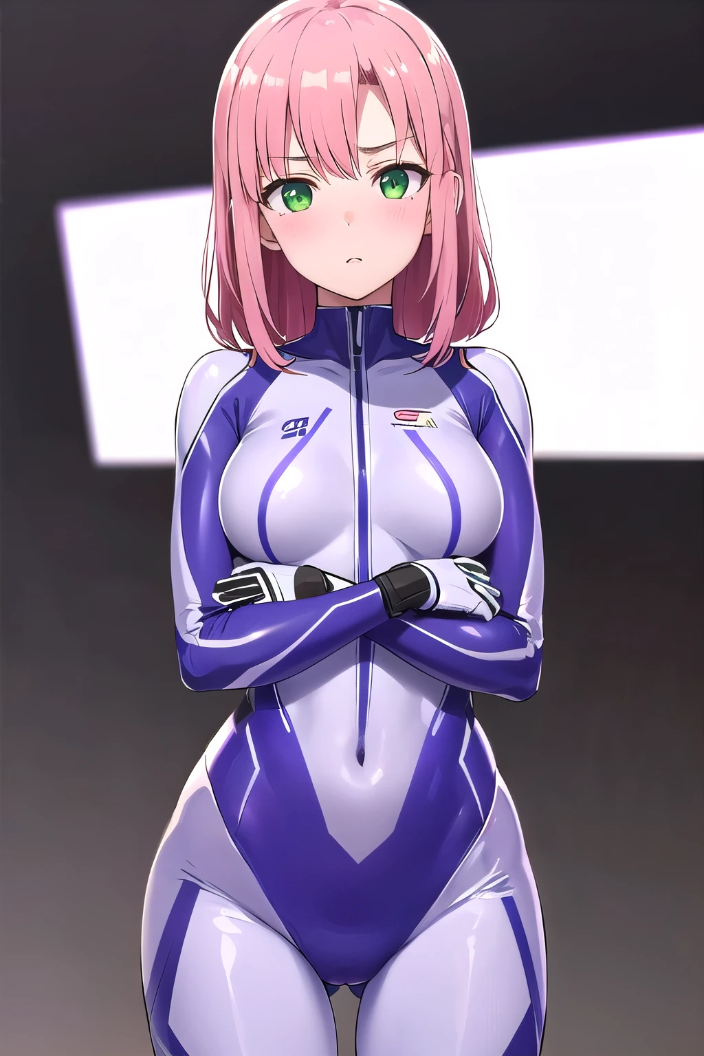 1girl,Samus aran,solo,green eyes, pink hair, forehead   hair, zero suit ,purple stripes,cowboy shot,blush,,Science fiction,ultra-detailed,sharp focus,aesthetic,(best quality), white background