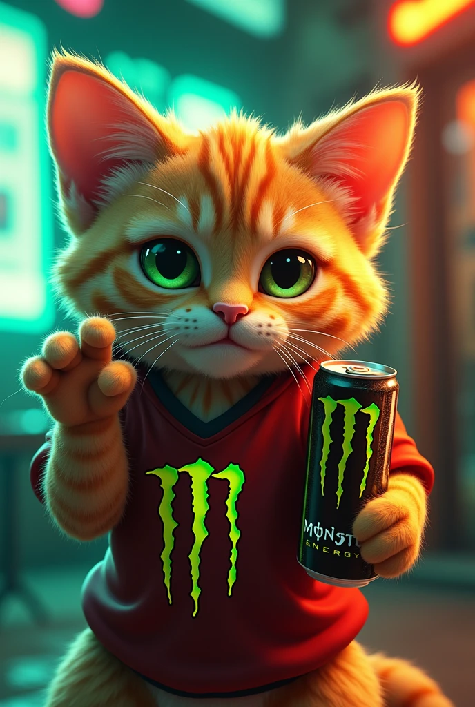 the cat of *fasfu burgers* collaborating with the monster energy company