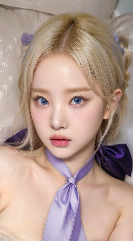 Blonde haired girl with a blue tie and a purple bow and blue like eyes., lalisa manobal, ulzzang, Lalisa Manoban of Blackpink, her face looks like an orchid, pale and light skin!!, pale round face, roseanne park by blackpink, Kawaii realistic portrait, sakimichan, Portrait of Jossi from Blackpink, Jinyoung Shin, pale korean adorable face, big breasts, heavy breasts