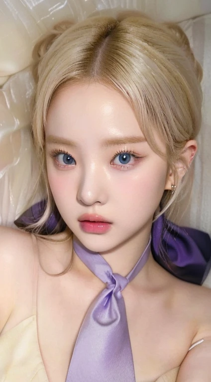 Blonde haired girl with a blue tie and a purple bow and blue like eyes., lalisa manobal, ulzzang, Lalisa Manoban of Blackpink, her face looks like an orchid, pale and light skin!!, pale round face, roseanne park by blackpink, Kawaii realistic portrait, sakimichan, Portrait of Jossi from Blackpink, Jinyoung Shin, pale korean adorable face, big breasts, heavy breasts