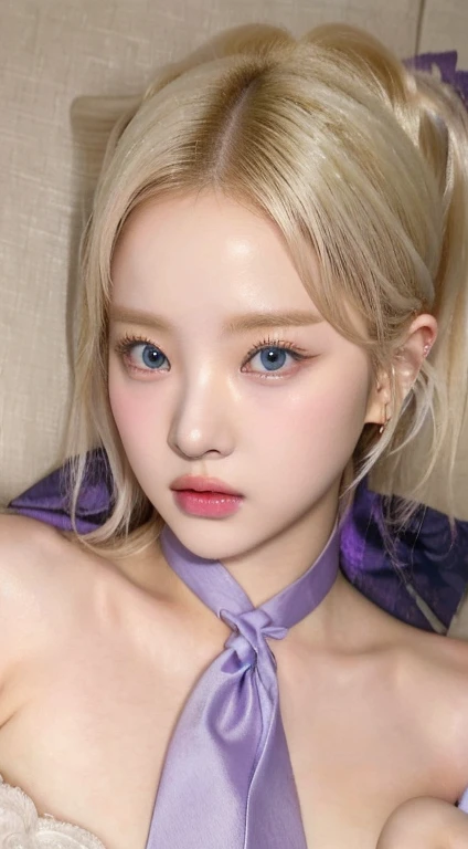 Blonde haired girl with a blue tie and a purple bow and blue like eyes., lalisa manobal, ulzzang, Lalisa Manoban of Blackpink, her face looks like an orchid, pale and light skin!!, pale round face, roseanne park by blackpink, Kawaii realistic portrait, sakimichan, Portrait of Jossi from Blackpink, Jinyoung Shin, pale korean adorable face, big breasts, heavy breasts