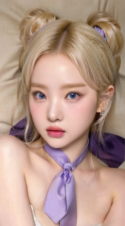 Blonde haired girl with a blue tie and a purple bow and blue like eyes., lalisa manobal, ulzzang, Lalisa Manoban of Blackpink, her face looks like an orchid, pale and light skin!!, pale round face, roseanne park by blackpink, Kawaii realistic portrait, sakimichan, Portrait of Jossi from Blackpink, Jinyoung Shin, pale korean adorable face, big breasts, heavy breasts