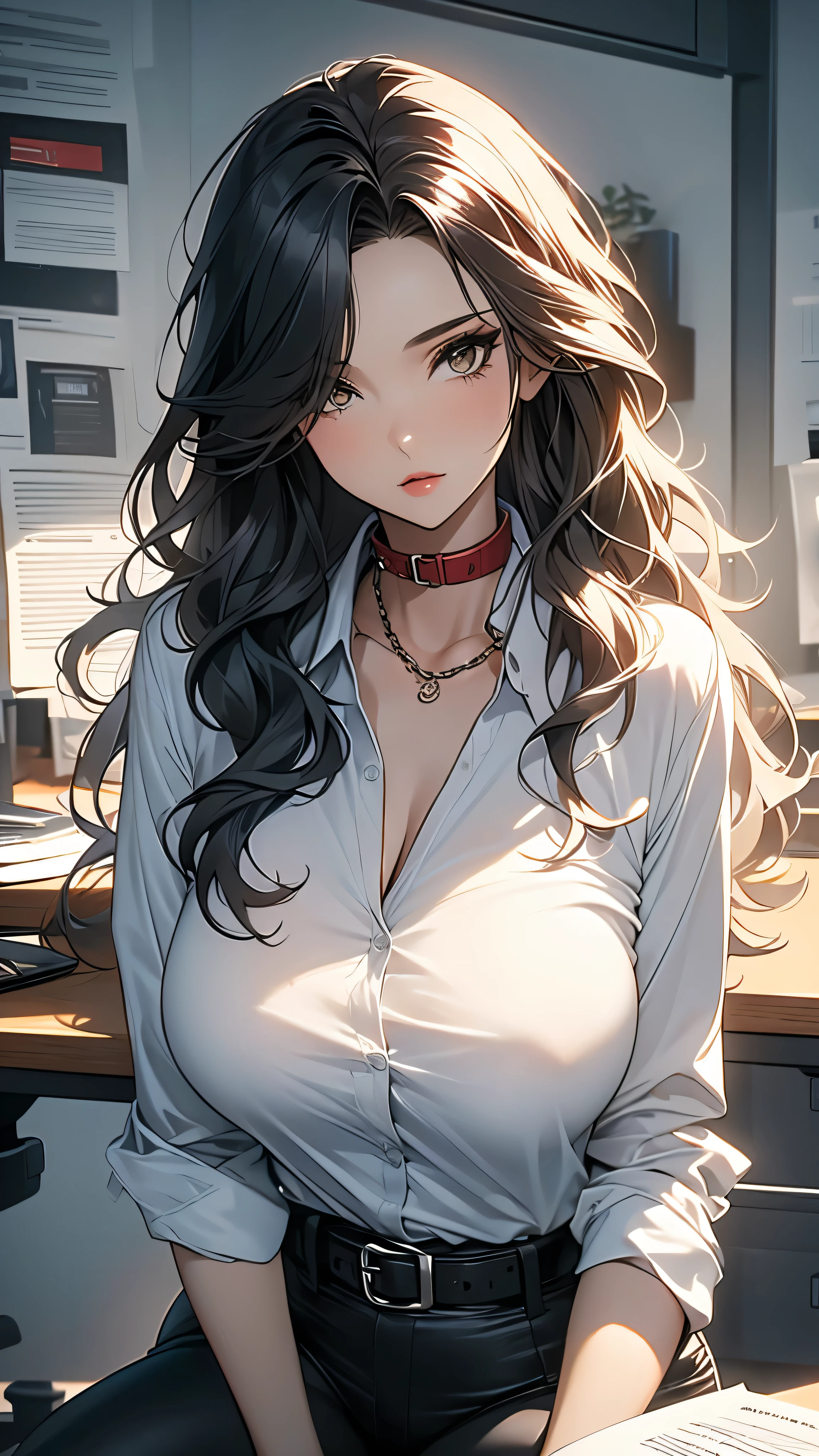 huge breasts, covered nipples, camel toe, sitting, legs spread, 1girl, long hair, collar, solo, shirt, pet collar, chain, office, sitting on office desk, papers, unbuttoned clothes, black hair, upper body, unbuttoned shirt, jewelry, white shirt, plain background, wavy hair, colored hair red pop punk, makeup, black leggings, belt,