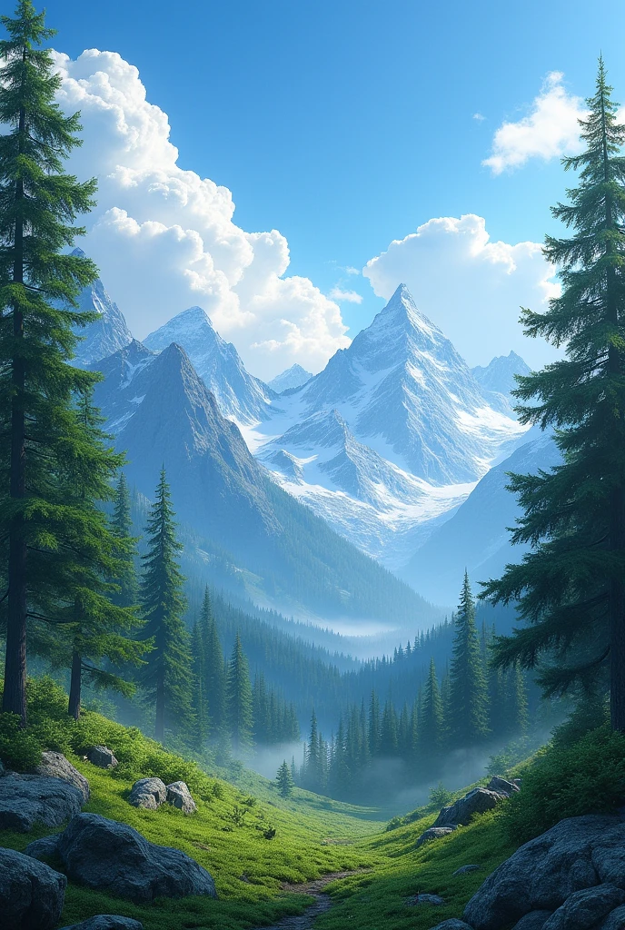 Create a background of a forest with a blue sky that includes mountains and clouds