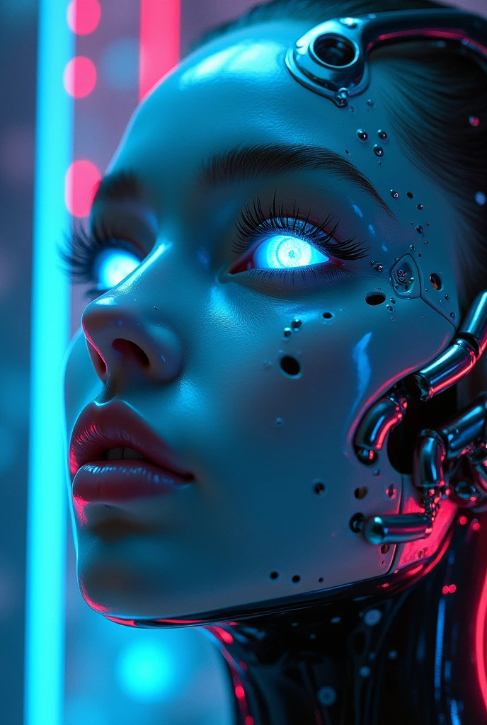 Create an image focusing solely on a human face where only the eyes, nose, and mouth are visible. The features are highly detailed, with the eyes glowing in vibrant, electric blue, and the skin around them emitting a soft, radiant light. The nose and mouth are sleek and smooth, with metallic accents giving them a cybernetic appearance. The background is a blend of dazzling neon colors, with abstract, geometric shapes and patterns pulsating in sync with the facial features. The overall aesthetic is futuristic, with the face appearing almost holographic, set against a backdrop that feels both otherworldly and mesmerizing."