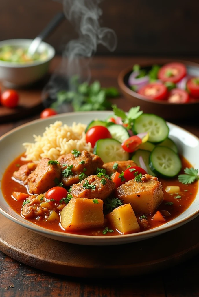 Chicken stew with potato and rice and cucumber, onion and tomato salad