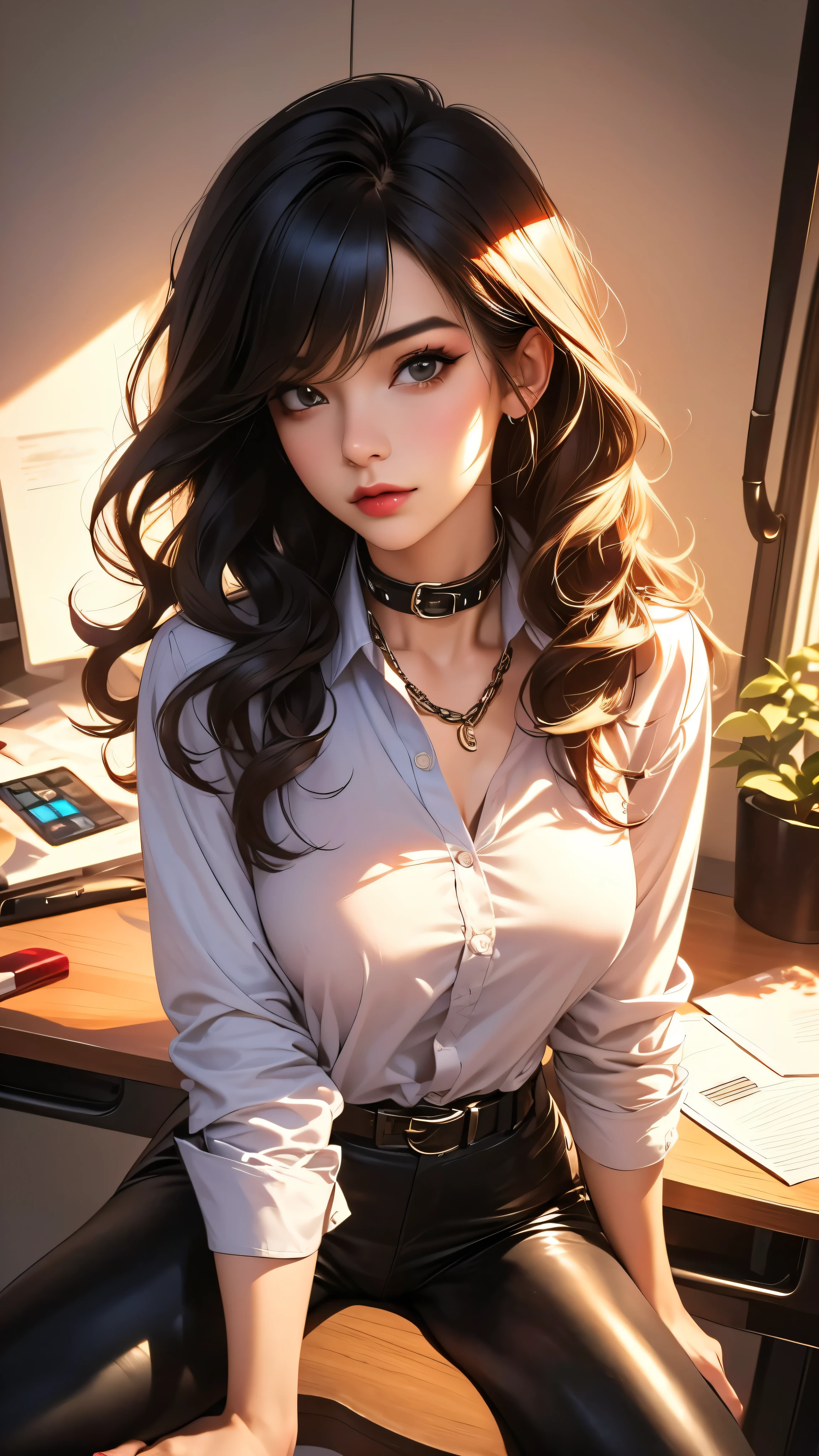 (best quality,4k,8k,highres,masterpiece:1.2),ultra-detailed,(realistic,photorealistic,photo-realistic:1.37),1girl,huge breasts,camel toe,sitting,legs spread,long hair,collar,solo,shirt,pet collar,chain,office,sitting on office desk,papers,unbuttoned clothes,black hair,upper body,unbuttoned shirt,jewelry,white shirt,plain background,wavy hair,colored hair red pop punk,makeup,black leggings,belt