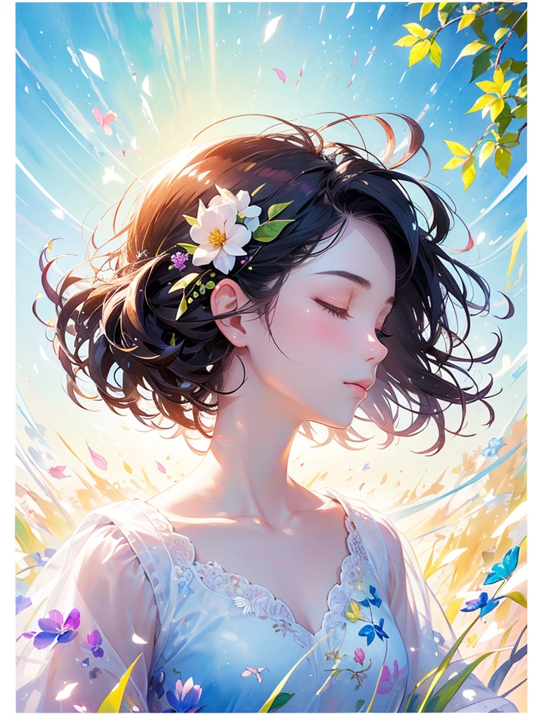 (masterpiece、Highest quality、Highest quality、Beautiful and beautiful:1.2)、Excellent anatomy、（Watercolor painting 1.5）、Long Shot、straight short hair images、Trendy Hair Color, Beautiful Face、Beautiful profile, Looking up to the sky, I close my eyes and pray, Fairy, 蝶のFairyのコスチューム、Pure white、Pure、charm, Colorful flowers of different colors, Flower and leaf wind、Botanical Art,
