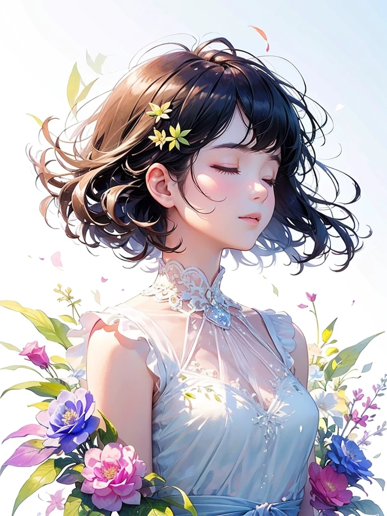 (masterpiece、Highest quality、Highest quality、Beautiful and beautiful:1.2)、Excellent anatomy、(Watercolor painting 1.5)、Long Shot、straight short hair images、Trendy Hair Color, Beautiful Face、Beautiful profile, Looking up to the sky, I close my eyes and pray, Fairy, 蝶のFairyのコスチューム、Pure white、Pure、charm, Colorful flowers of different colors, Flower and leaf wind、Botanical Art,