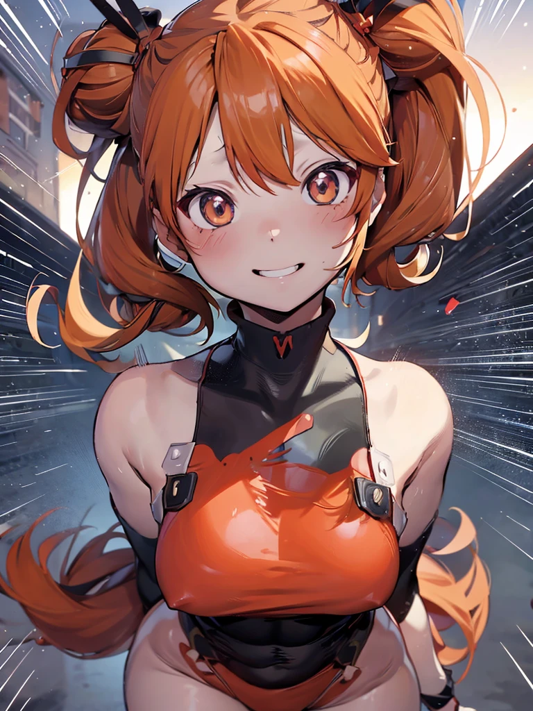 Asuka Langley in a provocative pose at a military base. looking at the viewer, smile, twin tails, blush, breasts, masterpiece, The best quality, necessary, Alta resolución, Senos grandes, NSFW