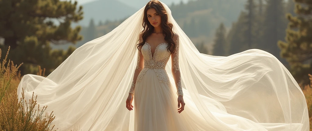 Beautiful and white brunette wedding dress With long sleeves and a huge flowing Blanch veil With a bouquet in tones inspired by the Yellowstone series