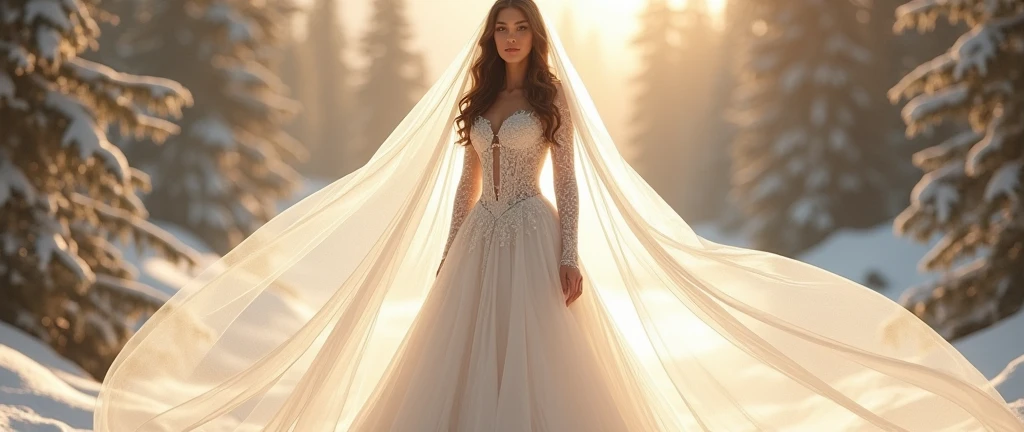 Beautiful and white brunette wedding dress With long sleeves and a huge flowing Blanch veil With a bouquet in tones inspired by the Yellowstone series