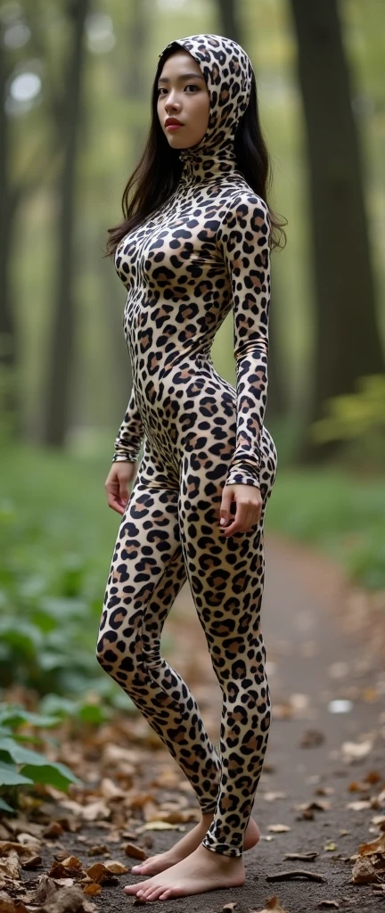 The beautiful and thin Chinese adult contortion girl with beautiful cheeks wears leopard-like zebra lycra dancewear turtleneck unitard catsuit.She always wear white leopard print lycra elastane dancewear hijab-like zentai hood.She is happy at forest.