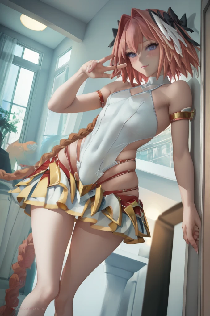 ((masterpiece)), ((best quality)), (detailed), astolfo, Beautiful, Beautifu and slim perfect body, slim body, really female, slim female body, female, flat chest, not breasts, very innocent smile, innocent smile, femboy, boy, bright pink hair, spiky hair, short hair, a long braid, lock of white hair on left side, perfect, solo, gorgeous femenine person, wedding dress, mini dress, dress sleveless, wedding mini dress without shoulder, bridal veil on the head, small bulge, luscious lips, long hair, flat chest, Pectorals, not breasts, sexy, Fondos de pantalla manga 4K, arte detallado del personaje de anime.