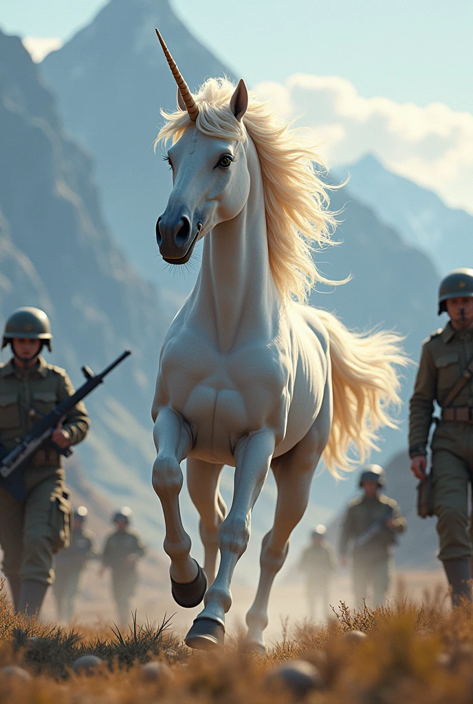 Une licorne féminine, qui dans joyeusement avec un beau sourire au milieu de militaire mécaniciens militaires. En arrière-plan, des montagnes. Réaliste.
