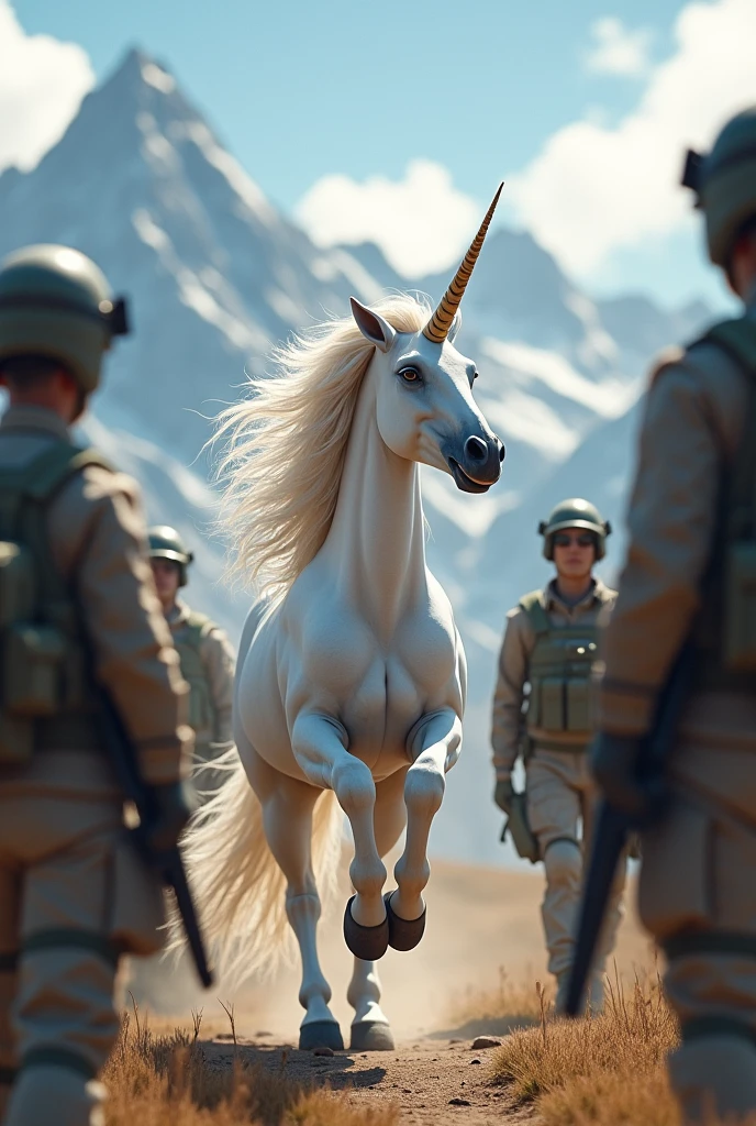 Une licorne féminine, qui dans joyeusement avec un beau sourire au milieu de militaire mécaniciens militaires. En arrière-plan, des montagnes. Réaliste.