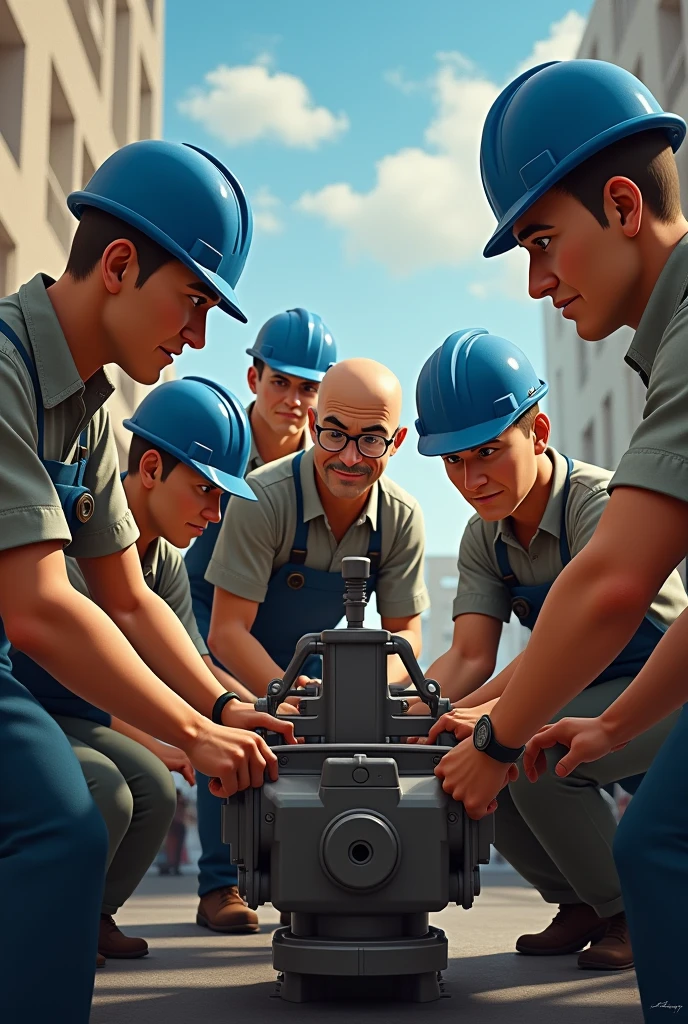 5 man similar to Mr. Berns and a blue work helmet working on a lever accompanied by a 4 bald man with glasses