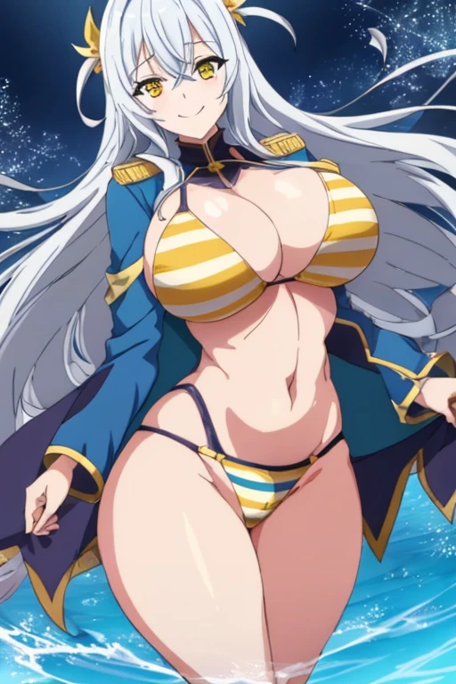 1girl, large breasts, thick thighs, wide hips, blue jacket, yellow eyes, white hair, horizontal stripes, striped bikini, smile, happy, light smile, long hair, open jacket, bikini, 2d, anime style, anime screencap, epaulettes, (blue stripes), hourglass figure