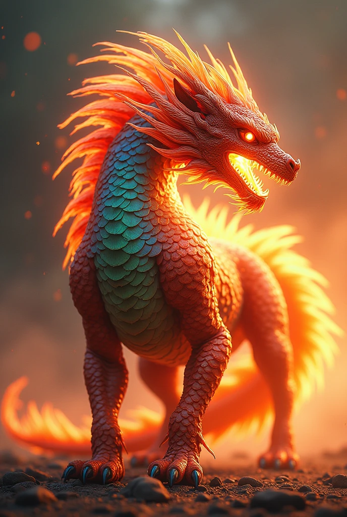 create a leaodragon, lion with dragon, spitting fire, with colored scales