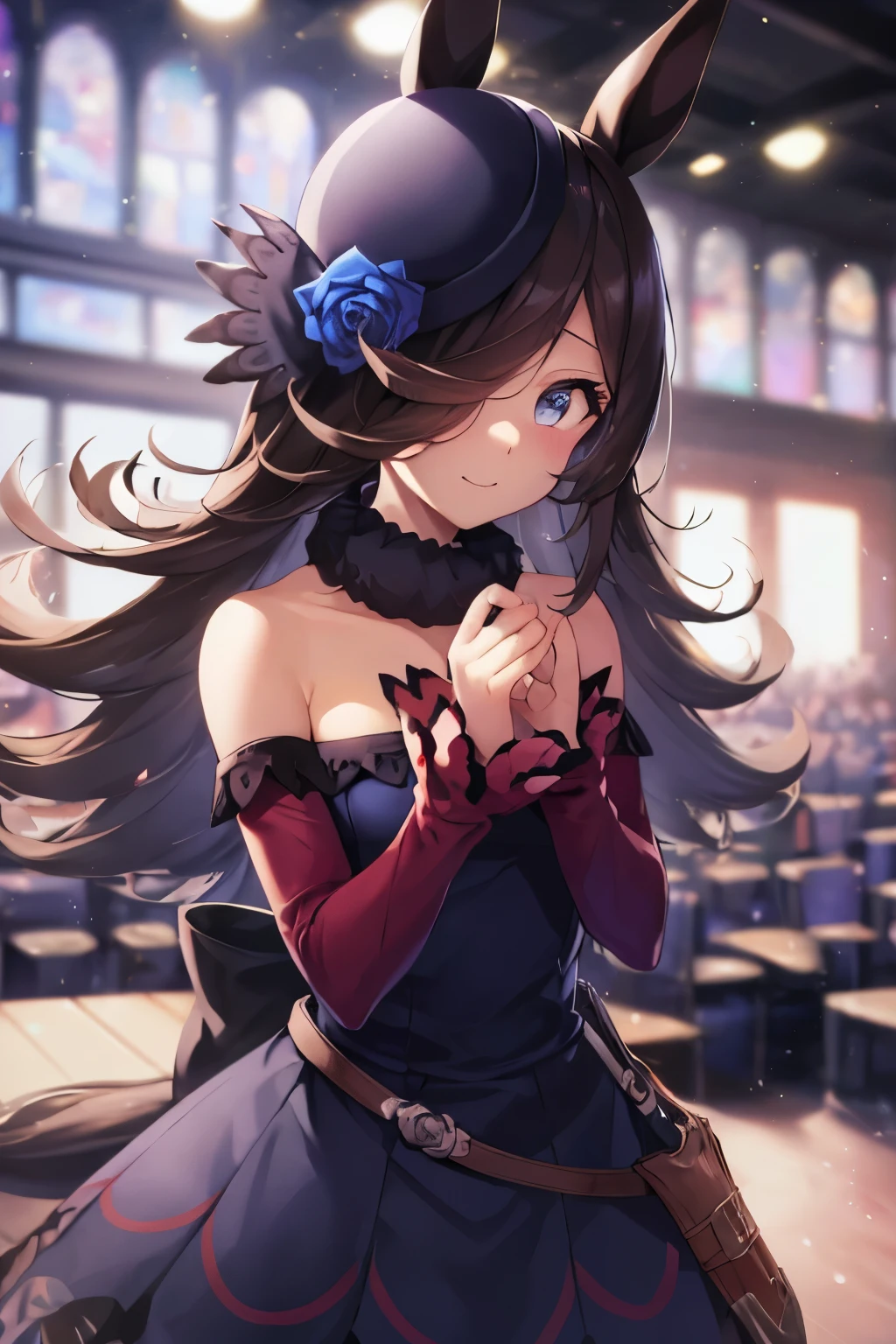 (Tabletop.Highest quality).(Dynamic Angle). (Amazingly detailed CG paintings),(Perfect image)、Comic Strip.shape.One Girl.Detailed face、Perfect Face.Delicate face、Girl in delicate clothes、Textured skin、Black Hair.length、(Horse-eared girl)Horse-eared girl、((Beautiful Blue Eyes)).Delicate and beautiful eyes、The eyes are detailed、Reflected Eyes、Watery eye、smile.(Gazing at the audience:1.3).(Face is a little red:0.8)、8k wallpaper、Cowboy Shot、reflected light、Highest detail、Complex、Delicate background、Textured skin、Detailed skin、(Ultra-high resolution)、