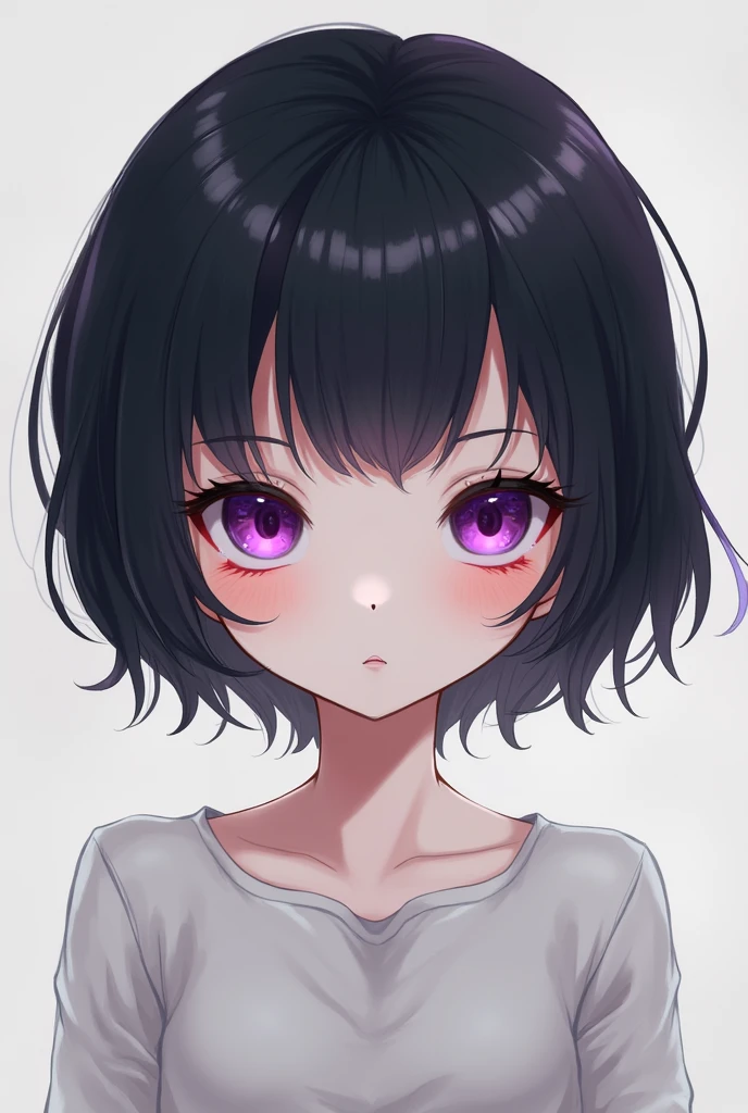 Girl with short black hair and lilac bangs, with three eyes. drawing version
