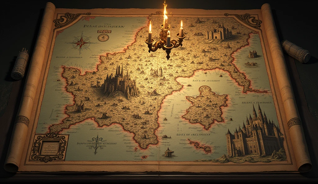 A richly detailed, cinematic map of the Duchy of Aquitaine, presented as a grand, antique parchment illuminated by the dim glow of torchlight. The map highlights Aquitaine's strategic and economic significance with intricate, hand-drawn borders and symbols. Major cities and trade routes are marked with elegant, old-world calligraphy and ornate compass roses, each reflecting its importance. The map is overlaid with shadowy, ominous tones to emphasize the tension and conflict between the French and English realms. Iconic landmarks, such as fortified castles and bustling ports, are depicted with dramatic shading and fine details, evoking the atmosphere of an era on the brink of war. The entire composition, with its dark and atmospheric tones, mirrors the evocative style of Edmund Blair Leighton, underscoring the map’s role in the historical struggle for dominance., Surrealism, Hyperrealism, UHD, retina, masterpiece, accurate, anatomically correct, textured skin, super detail, 16k